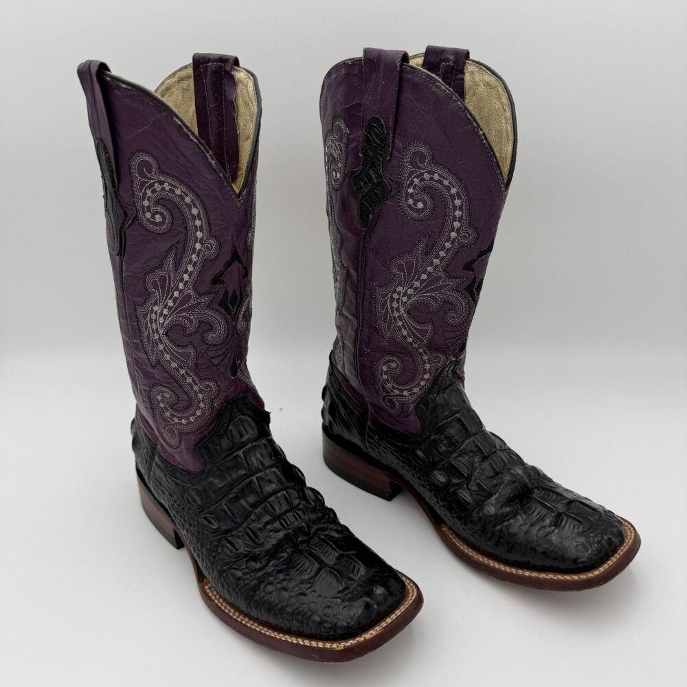 Ferrini Rancher Caiman Print Boots Handcrafted Black purple crocodile Women sz 7 - Picture 3 of 8